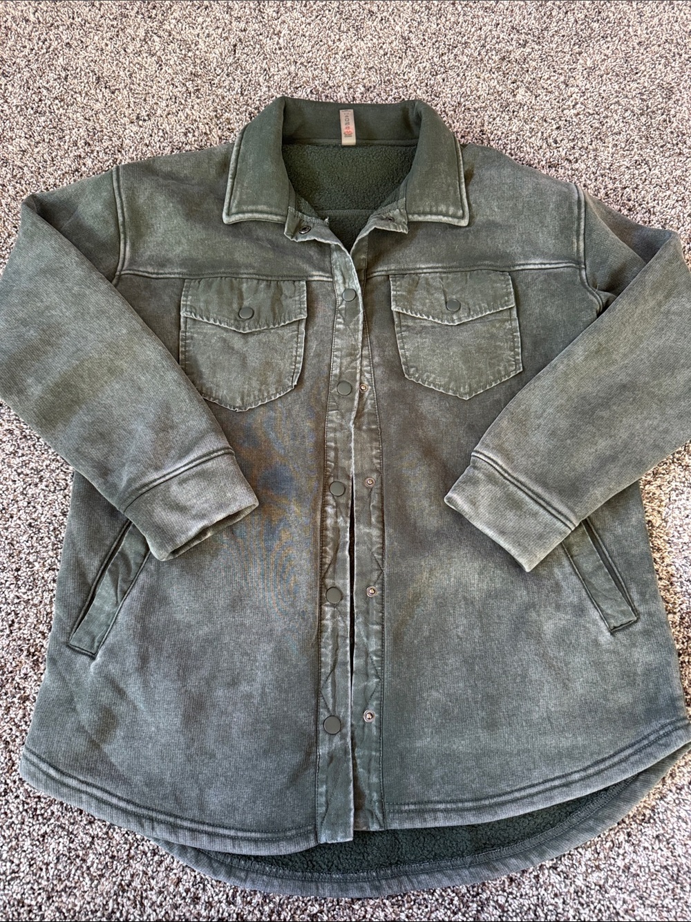 Mono B Distressed Olive Green Button-Front Shacket